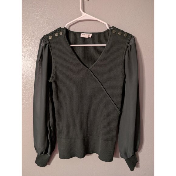 Rio & Rian Green Sheer Sleeve Ribbed Knit Sweater Top S Button Shoulders - Picture 2 of 7